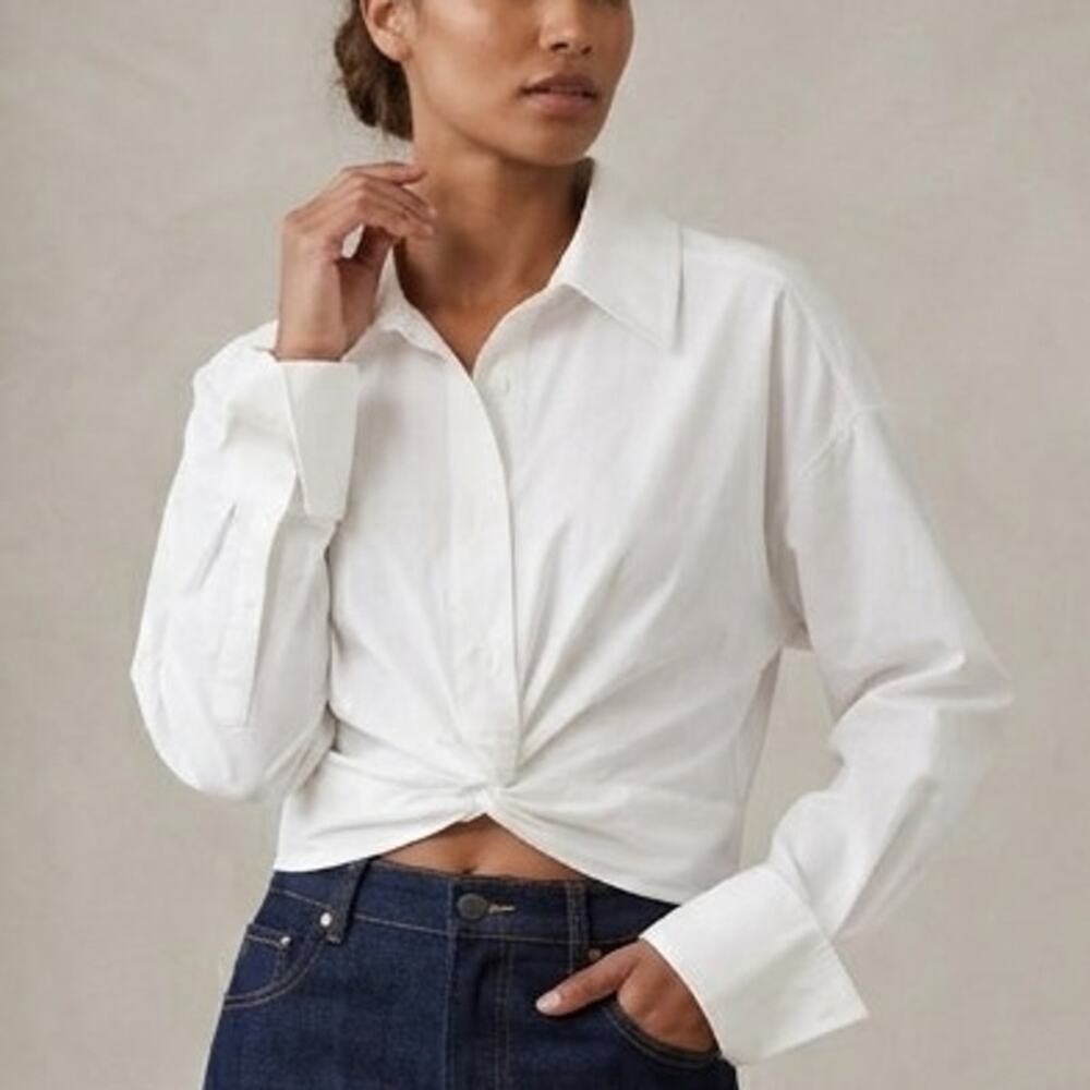 ACOA White Twist Front Cropped Button Down Shirt Wide Collar French Cuffs Medium